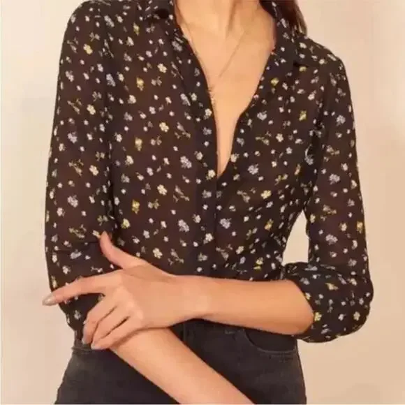 Reformation Violet Black Floral Semi Sheer Long Sleeve Button Up Blouse Small - Picture 4 of 15